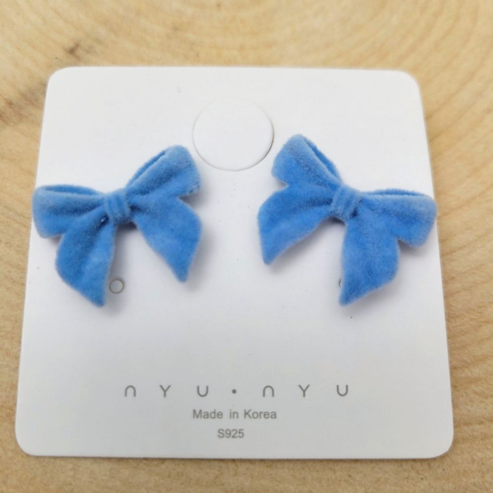 Brand New Korea Blue Ribbon Bows Earrings